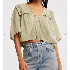 Free People Women's Luna Top Sage Green Lace-Trim Cropped Blouse Sz XS